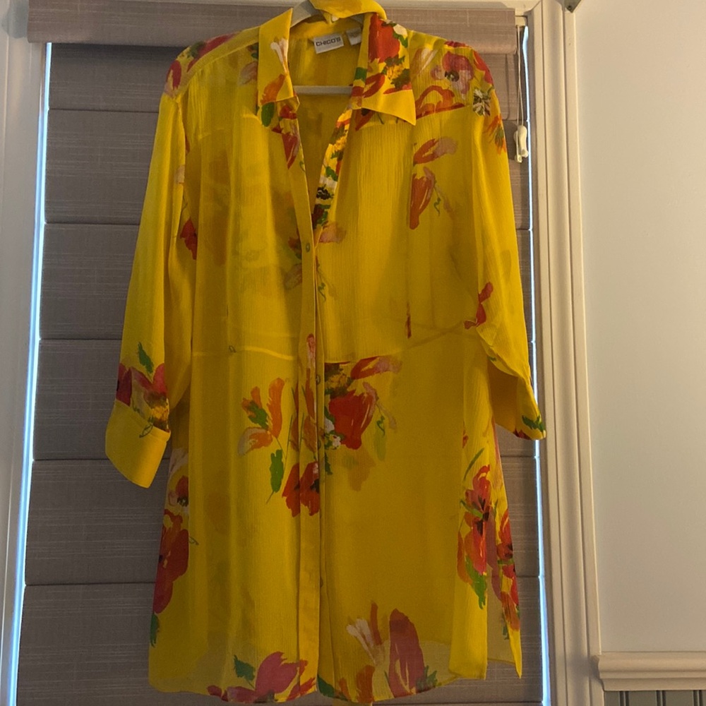 Chicos semi sheer Floral collared shirt.